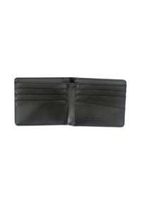 Portefeuille bifold noir en cuir, avec plusieurs fentes pour cartes, texture lisse et logo "VOLCOM" en relief. L'intérieur est simple et fonctionnel.