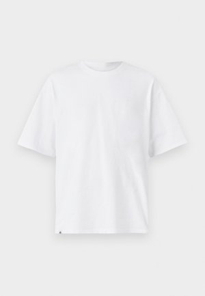 White cotton t-shirt, short sleeves, crew neckline, loose fit, smooth texture, no visible patterns or accents, basic design.