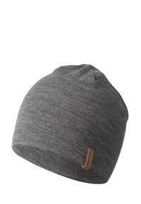 Szary, dzianinowy beret o miękkiej fakturze, zaokrąglonym kształcie i małej, brązowej skórzanej łatce z logo po boku. Idealny na zimne dni.