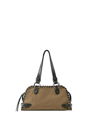 Sac à main en daim marron avec des poignées en cuir noir, des accents de boucle et des coutures décoratives le long des bords, présenté sur fond blanc.