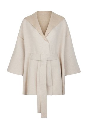 Beiger Wollcape mit weiten Ärmeln, Schalkragen und passendem langen Gürtel, der in der Taille gebunden ist, mit feiner Fischgrätstruktur.