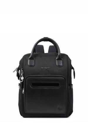 Schwarzer Hedgren Rucksack mit Ledergriff, Front-Reißverschlusstasche mit horizontalem Schlitz, seitlichem Reißverschluss und abnehmbarem Schlüsselanhänger.