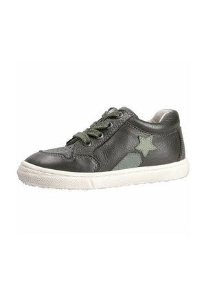 Dark green leather children's sneaker with laces, white sole, and star-shaped patch on the side.