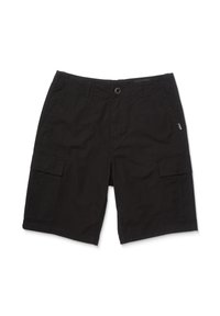 Schwarze Cargo-Shorts aus Baumwolle, ausgestattet mit zwei Seitentaschen und einem Knopfverschluss. Glatte Textur mit genähten Nähten.