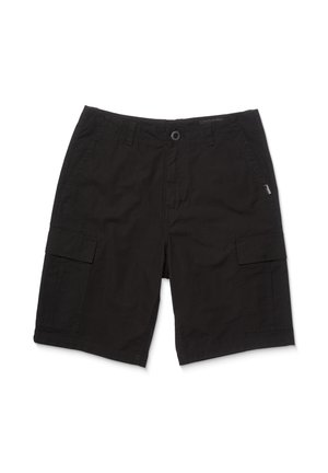 Schwarze Cargo-Shorts aus Baumwolle, ausgestattet mit zwei Seitentaschen und einem Knopfverschluss. Glatte Textur mit genähten Nähten.