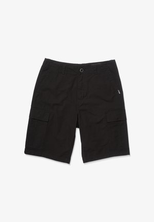 Black cargo shorts made of cotton, featuring two side pockets and a button closure. Smooth texture with stitched seams.