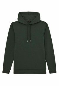 Sötétzöld kapucnis pulóver, puha anyagból készült. Hosszú ujjú, kenguruzsebbel és állítható zsinórral a kapucnin.