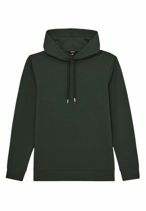 Hooded sweatshirt in dark green, made from soft fabric. Features long sleeves, a kangaroo pocket, and adjustable drawstring at the hood.