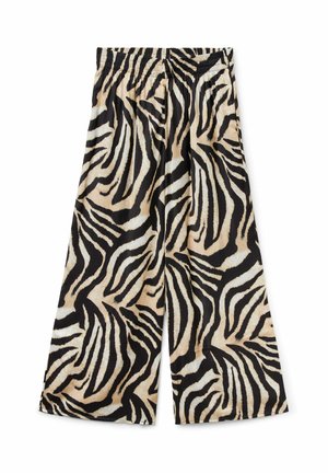 Wijde broek met elastische tailleband met zwart, beige en wit zebraprintpatroon op lichtgewicht stof.