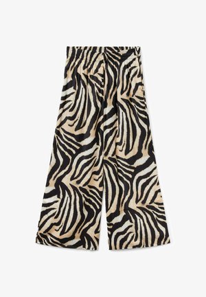 Wijde broek met elastische tailleband met zwart, beige en wit zebraprintpatroon op lichtgewicht stof.