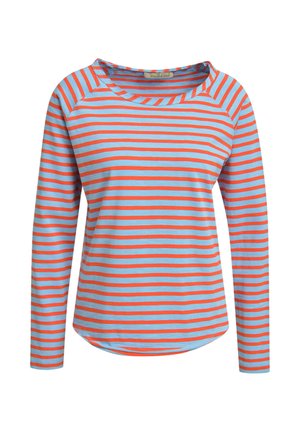 Long-sleeve shirt with horizontal coral and light blue stripes, round neckline, and slightly curved hem.