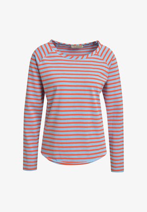 Long-sleeve shirt with horizontal coral and light blue stripes, round neckline, and slightly curved hem.