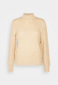 Beige Strickpullover mit hohem geripptem Rollkragen, langen Ärmeln sowie gerippten Bündchen und Saum.