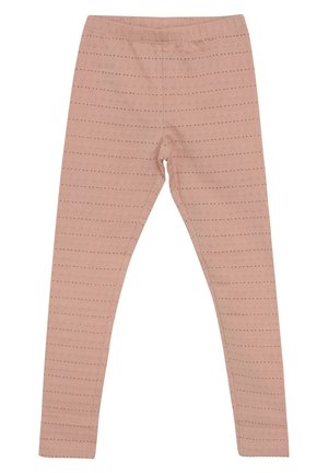 Helle rosa Leggings mit einem elastischen Bund, versehen mit vertikalen Streifen und kleinen Punktmustern, die sich über den Stoff ziehen. Weiche Textur.