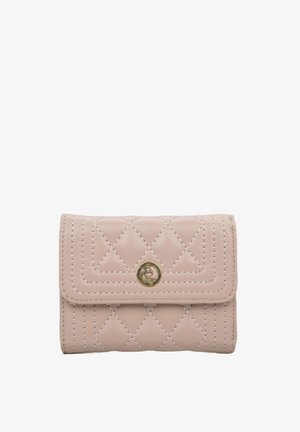Quilted pink leather wallet featuring a gold-tone circular clasp and contrasting stitching, with a rectangular shape and compact design.