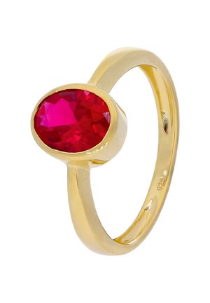 Goldring mit einem ovalen, facettierten roten Edelstein, glattem Banddesign und detaillierten Verzierungen auf der Innenseite des Bands.