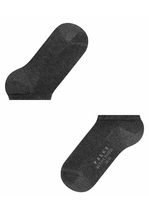 Donkere grijze katoenen enkel sokken met een gladde textuur, ronde tenen en versterkte hiel. Branding gedrukt aan de zijkant.