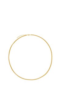 Collier en chaîne de couleur dorée avec un design de maillons plats et une texture lisse. Comprend un fermoir ajustable pour varier la longueur.