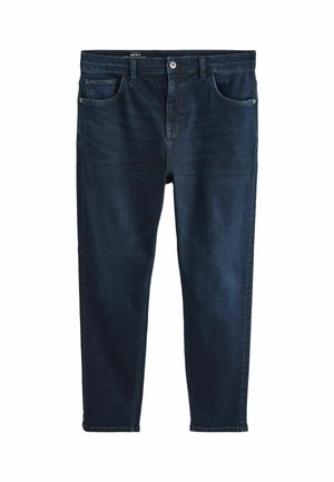 Jeans in denim blu scuro con un design aderente, cinque tasche e zip. Presentano cuciture sottili e uno spessore classico.