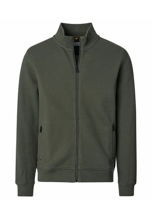 Donkergroene jack met volledige ritssluiting, hoge kraag, lange mouwen, twee met rits afsluitbare zijzakken en geribde manchetten en zoom.