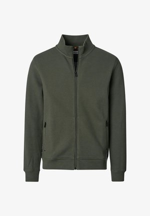 Donkergroene jack met volledige ritssluiting, hoge kraag, lange mouwen, twee met rits afsluitbare zijzakken en geribde manchetten en zoom.