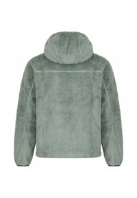 Giacca a vento con cappuccio in verde chiaro. Tessuto morbido, vestibilità rilassata e senza chiusure visibili. Le cuciture e il colletto accentuano il design.