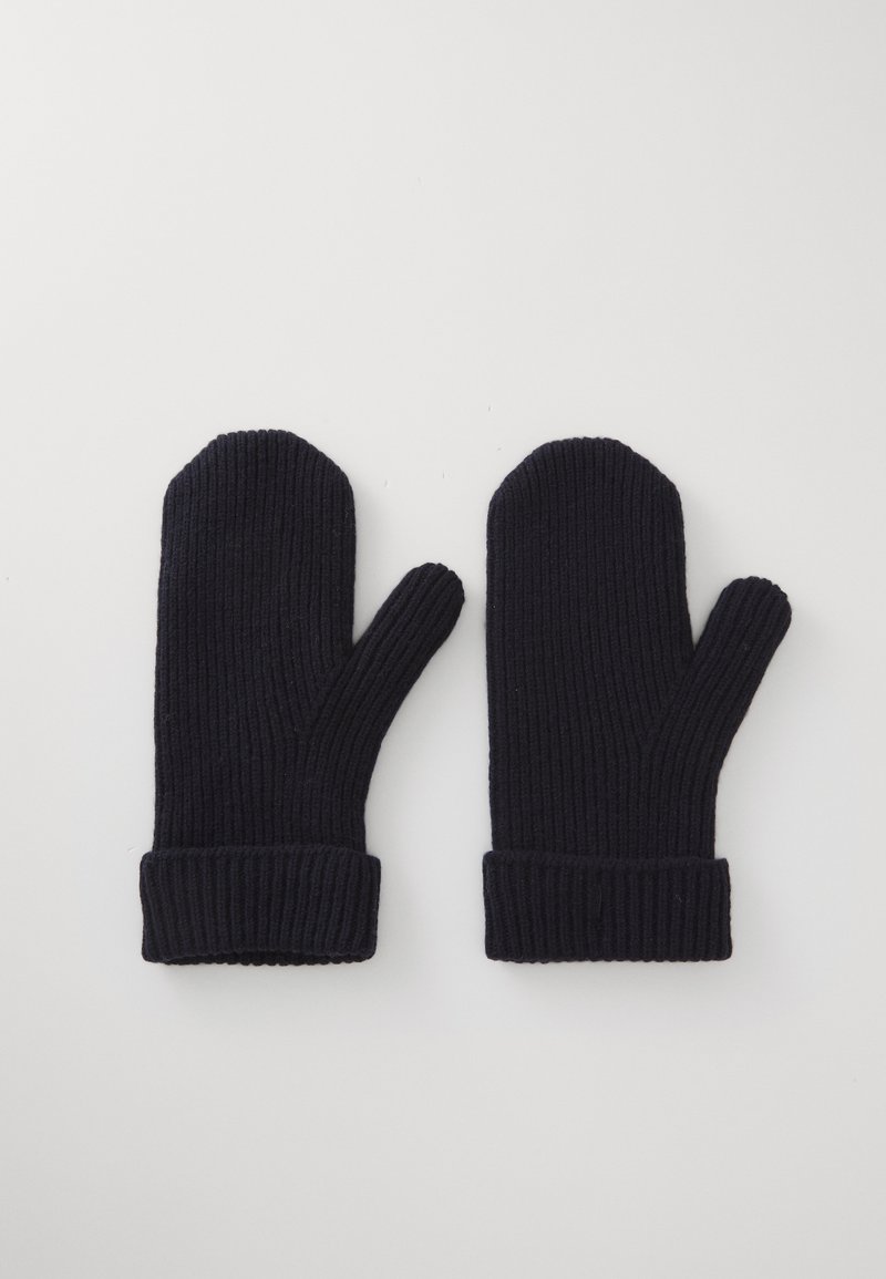 Moufles en laine bleu marine avec une texture côtelée, dotées d'un poignet replié et d'une forme classique et arrondie pour la chaleur et le confort.