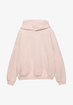Lyserød hættetrøje lavet af blødt stof med stor hætte, frontlomme og ribbede manchetter. Enkel design uden synlige mønstre.