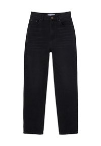 Black denim jeans with a straight-leg cut, five-pocket design, and a metal button at the waist. Smooth texture with subtle fading.