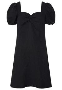 Abito nero corto con maniche a sbuffo, scollatura quadrata e dettagli arricciati sul davanti. Realizzato in tessuto morbido, design di lunghezza al ginocchio.