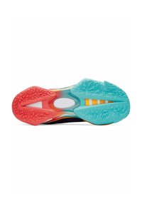 Shoe sole with red and turquoise sections, textured with deep grooves for traction. Features a white central insert and colorful gradient design.