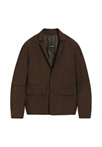 Jacket marrone, con texture, dotato di rever a punta, due tasche frontali e chiusura a un bottone. Interno foderato con dettagli di etichetta.