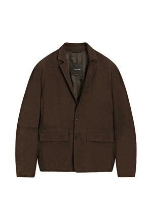 Hnědá, texturovaná bunda s klopovým límcem, dvěma předními kapsami a jedním knoflíkovým zapínáním. Podšívkový interiér s detailním štítkem.