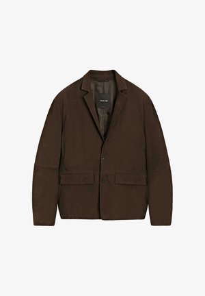 Hnědá, texturovaná bunda s klopovým límcem, dvěma předními kapsami a jedním knoflíkovým zapínáním. Podšívkový interiér s detailním štítkem.