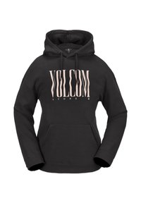 Hoodie noir en mélange coton-polyester, avec une poche frontale et une capuche avec cordon. Grand logo "VOLCOM" rose centré à l'avant.