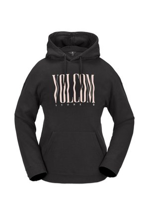 Mustapaita, joka on valmistettu puuvilla-polyesteriseoksesta, ja siinä on etutasku sekä kiristysnauha huppua varten. Suuri vaaleanpunainen "VOLCOM" -logo keskitettynä etupuolelle.