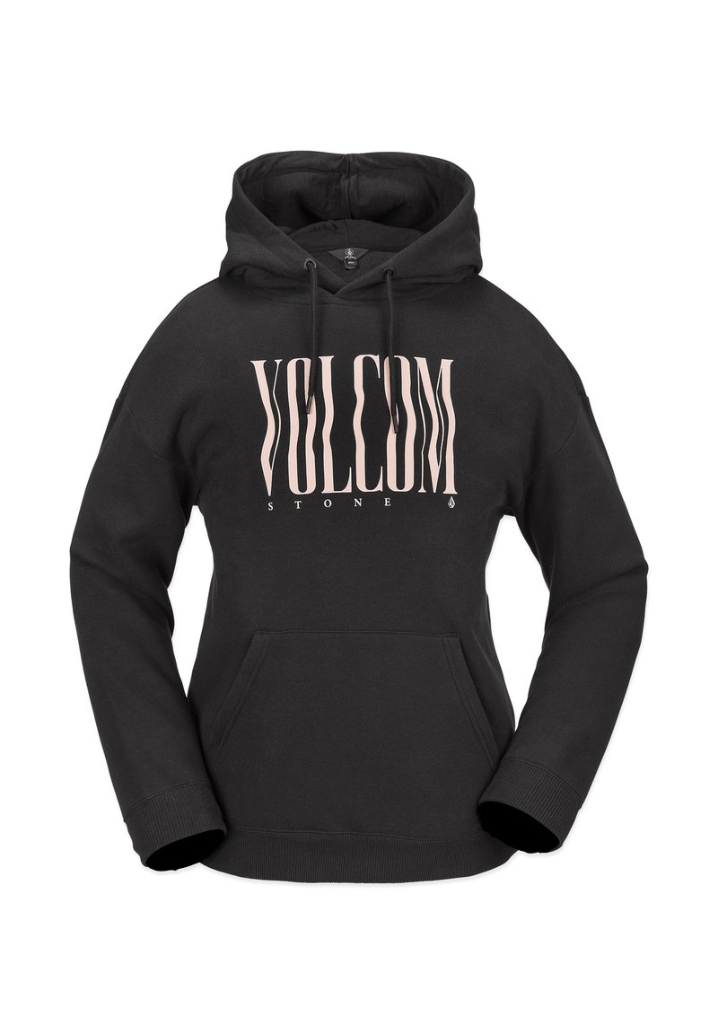 Hoodie noir en mélange coton-polyester, avec une poche frontale et une capuche avec cordon. Grand logo "VOLCOM" rose centré à l'avant.