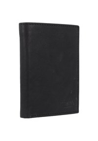 Portefeuille en cuir noir avec une texture lisse, un design slim et des coutures discrètes. Présente un logo en relief à l'avant.