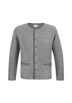 Grauer gestrickter Cardigan mit Rundhalsausschnitt, sechs braunen Knöpfen vorne und zwei aufgesetzten Taschen vorne.