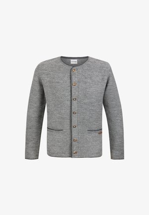 Grauer gestrickter Cardigan mit Rundhalsausschnitt, sechs braunen Knöpfen vorne und zwei aufgesetzten Taschen vorne.