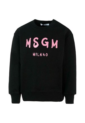 Czarna bluza z okrągłym dekoltem, z dużym różowym nadrukiem "MSGM" i "MILANO". Miękka tkanina oraz ściągacze na rękawach i u dołu.
