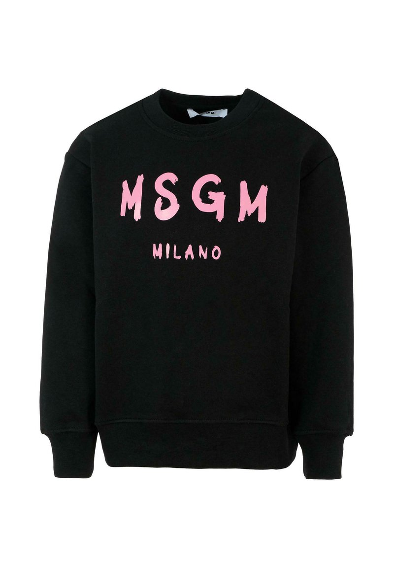 Felpa nera con collo rotondo, caratterizzata da grandi scritte rosa stampate "MSGM" e "MILANO". Tessuto morbido e polsini e orlo a coste.