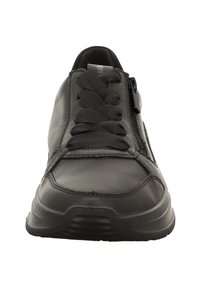 Schwarze Sportsneaker aus glattem Lederobermaterial, mit Schnürdesign und seitlichem Reißverschluss. Abgerunde Zehenpartie und strukturierte Gummisohle.