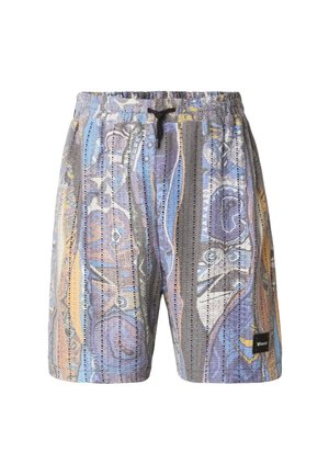 Heren meerkleurige gebreide shorts met abstracte patronen, elastische tailleband, zwart trekkoord en een klein zwart label op het rechterbeen.