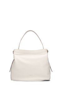 Borsa a mano bianca in pelle con una texture liscia, silhouette morbida, manico singolo e dettagli in metallo dorato. Presenta un'apertura superiore e tasche laterali.