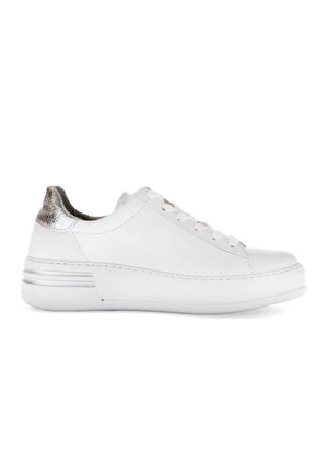 White low-top sneaker with white laces and silver metallic accent on the heel, side view on a white background.