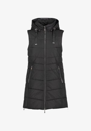 Musta toppaliivi, jossa on huppu, vetoketjusuljenta edessä, kaksi sivutaskua, vaakasuuntainen tikkauskuvio ja säädettävät nyörivihteet hupussa.