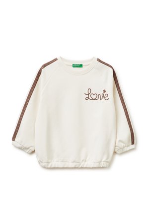 Felpa crema a maniche lunghe con strisce marroni sulle maniche e ricamo "Love" con cuore e stella sul petto.