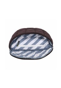 Beauty case in tessuto trapuntato marrone scuro con chiusura a zip, dotata di una fodera a righe blu chiaro e bianco e di una tasca interna con zip.