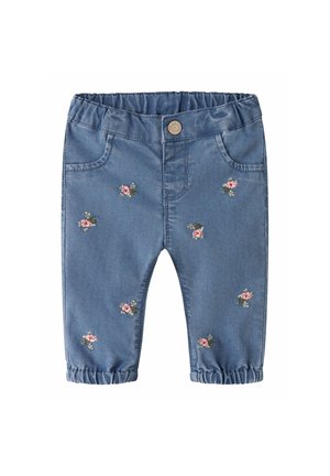 Pantalon bleu pour tout-petit avec taille et poignets élastiques, décoré de petites broderies florales roses et vertes dispersées sur le devant.